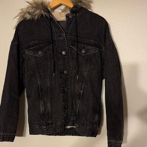 American Eagle Outfitters Black Bomber Jacket with Fur Hood